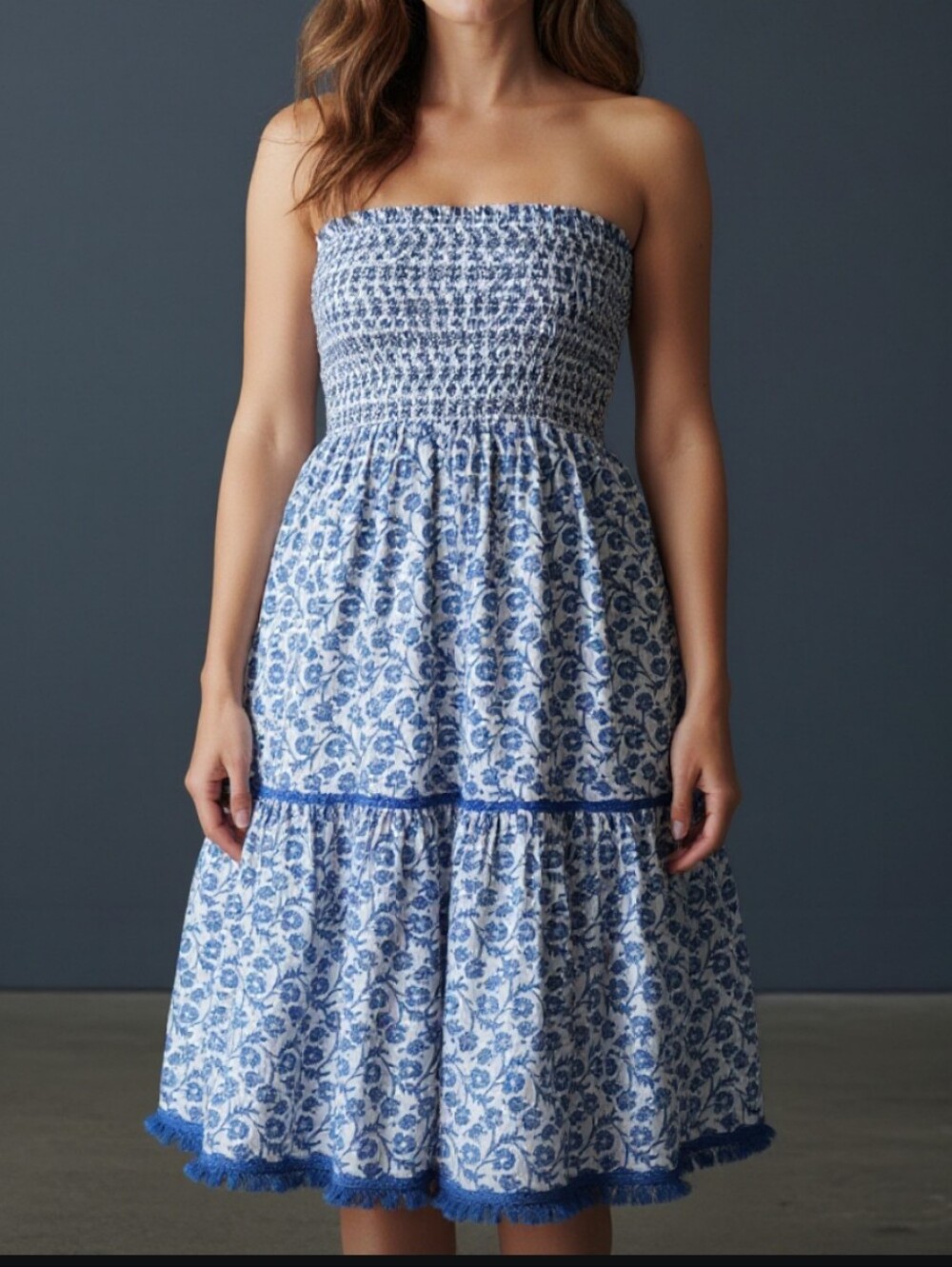 Ina i:na Blue & White Strapless Floral Tiered Dress